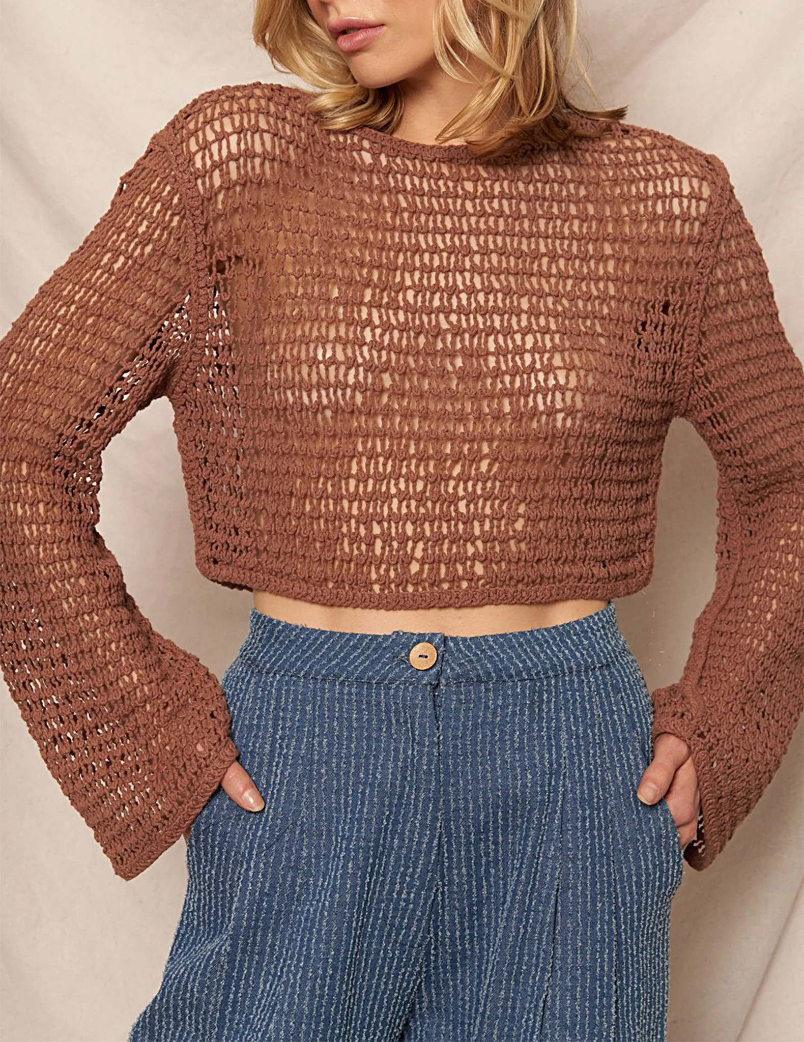 Addison Coco Open Knit Cropped Sweater
