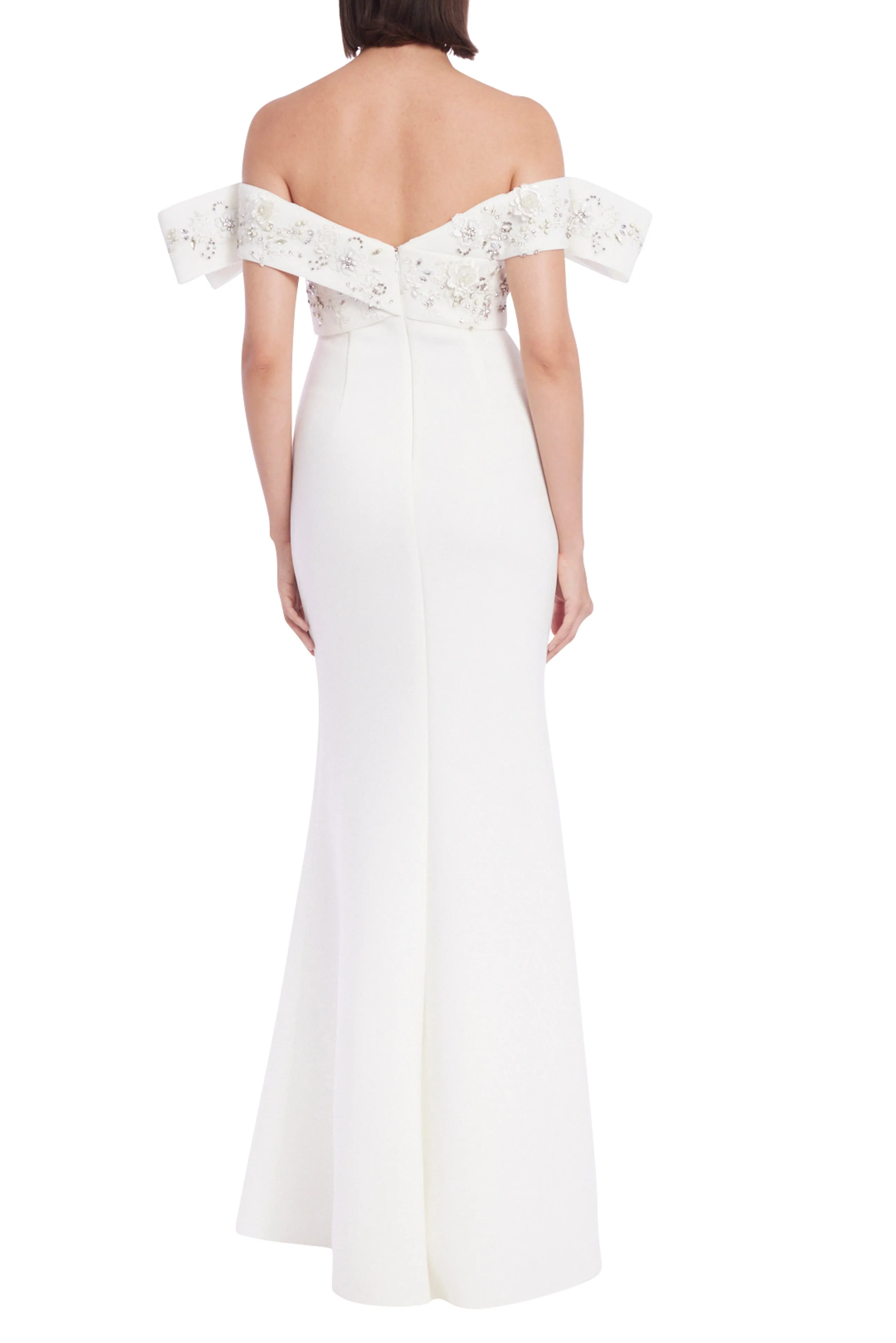 Badgley Mischka Exaggerated Off-Shoulder Gown with Beaded Bodice