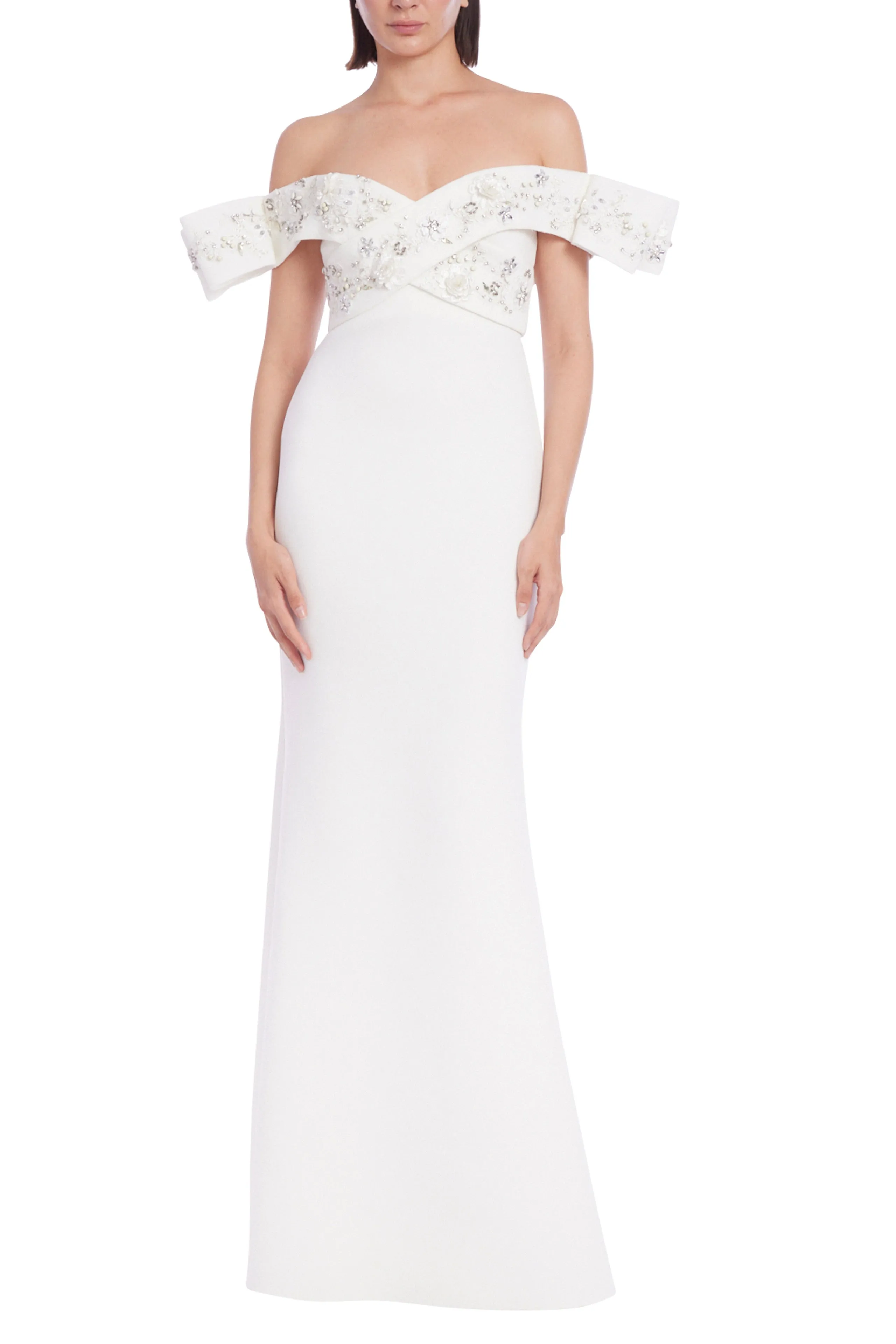 Badgley Mischka Exaggerated Off-Shoulder Gown with Beaded Bodice