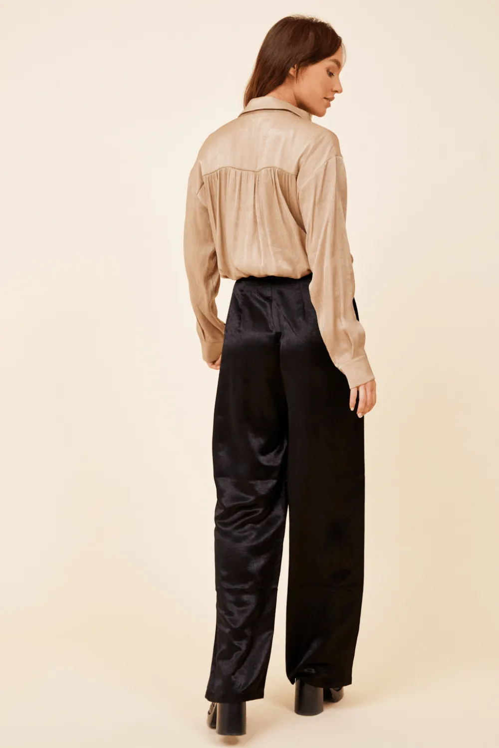 Champagne Satin Wrap Tie Button Down Top