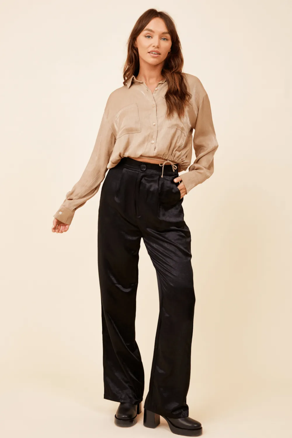 Champagne Satin Wrap Tie Button Down Top