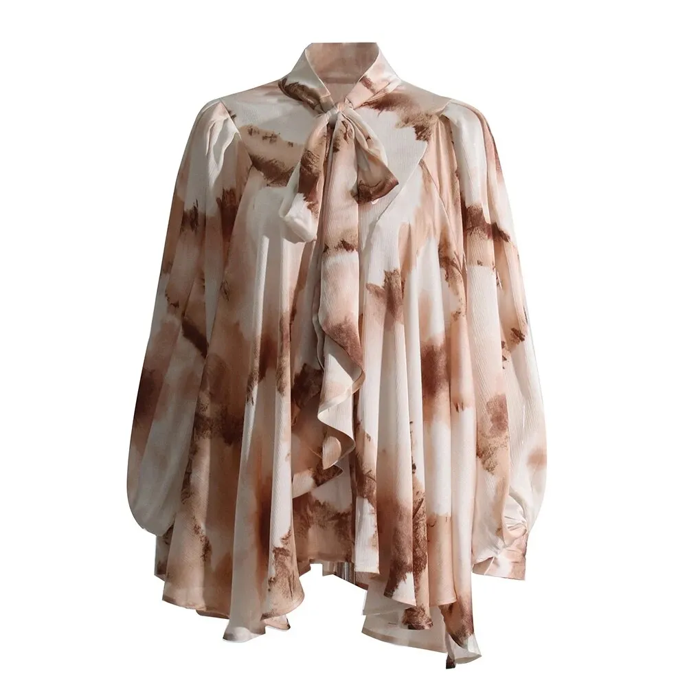 Colorblock Printing Patchwork Lace Up Loose Blouses For Women Stand Collar Puff Sleeve Casual Chic Shirt Female