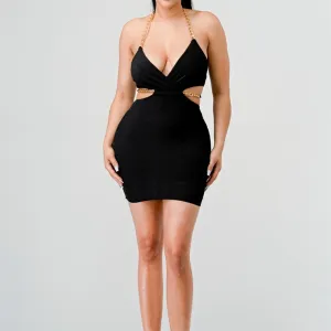 Golden Nights Halter Mini Dress- Black