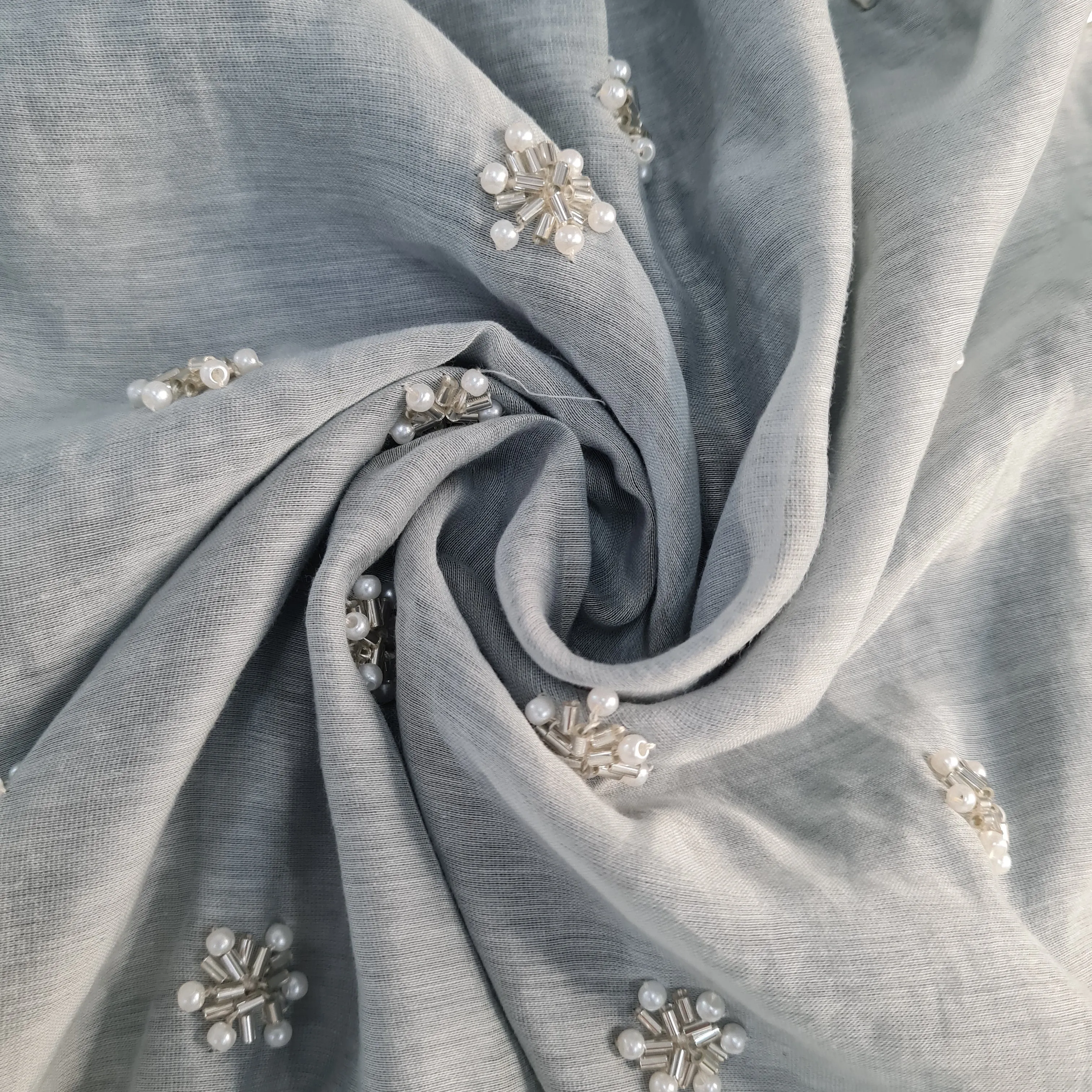 Grey Pearl & Bead Embroidery Malai Chanderi Fabric 18006