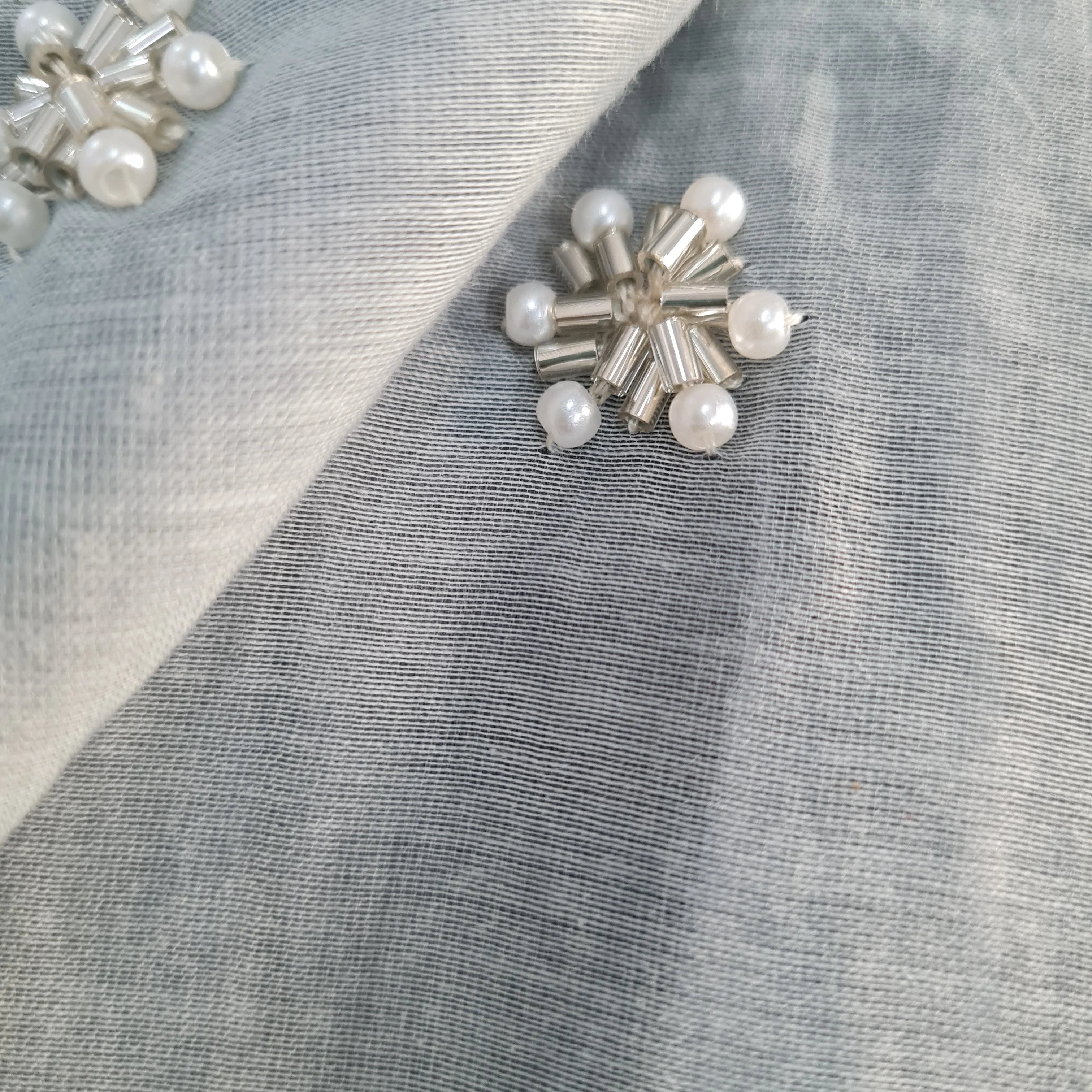 Grey Pearl & Bead Embroidery Malai Chanderi Fabric 18006