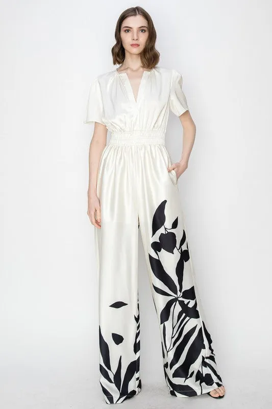 Ivory V Neck Leaf Printed Wide Jumpsui