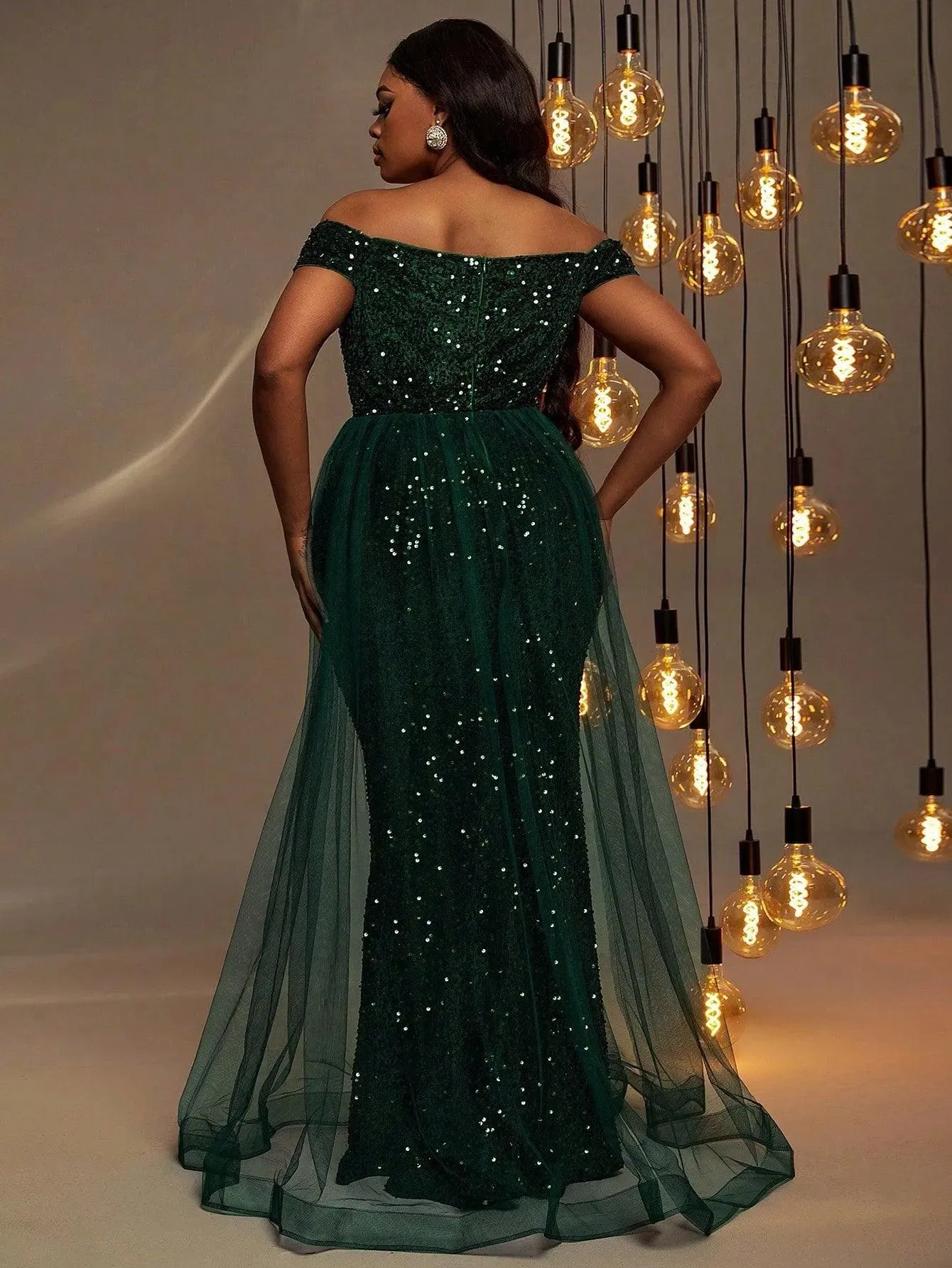 Plus Size Off Shoulder Mesh Layer on Waist Sequin Dresses