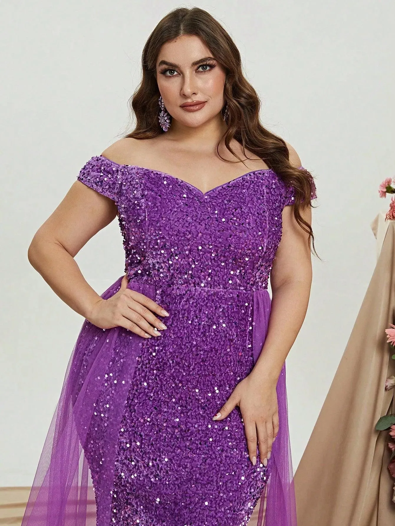 Plus Size Off Shoulder Mesh Layer on Waist Sequin Dresses