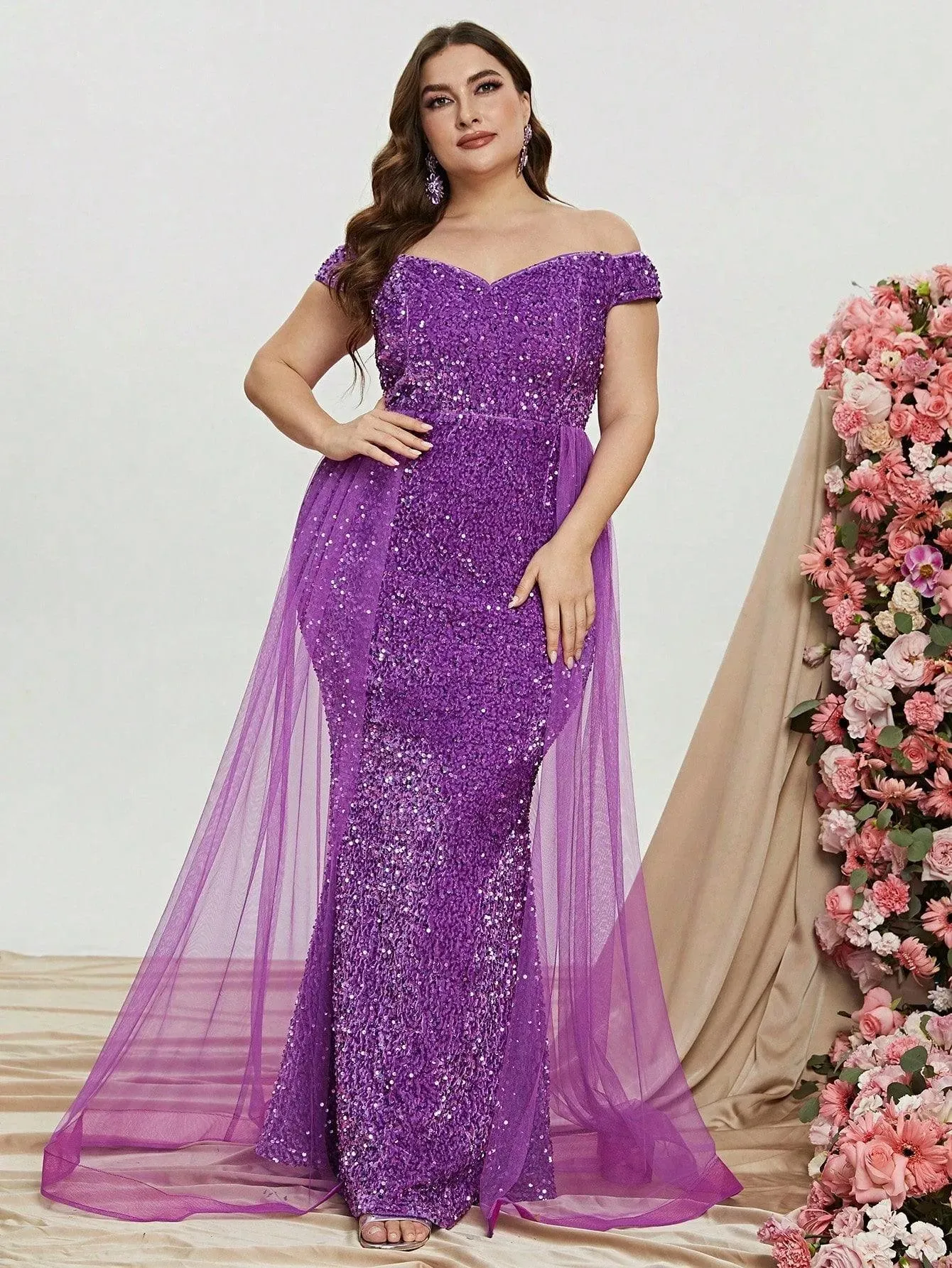 Plus Size Off Shoulder Mesh Layer on Waist Sequin Dresses