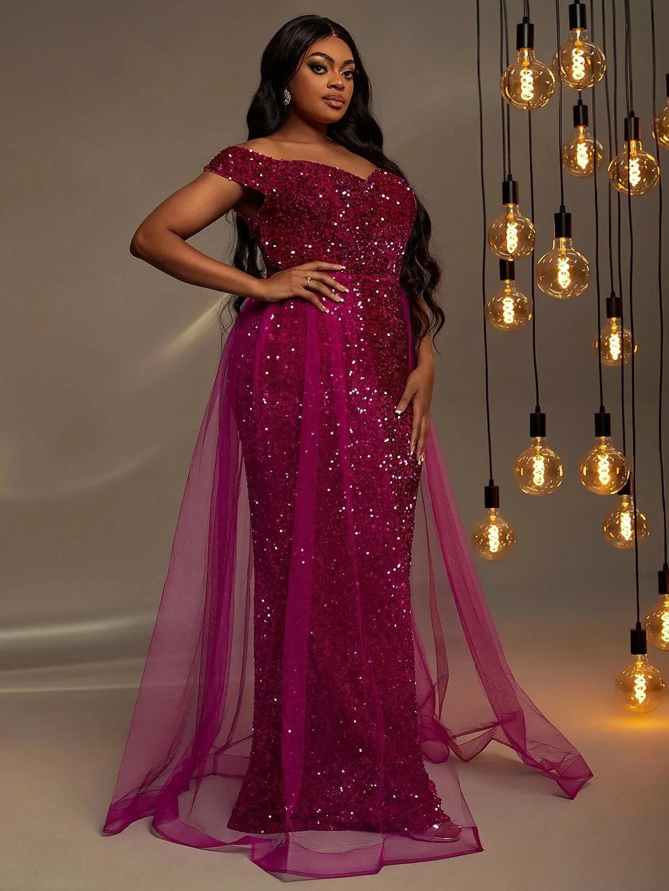 Plus Size Off Shoulder Mesh Layer on Waist Sequin Dresses