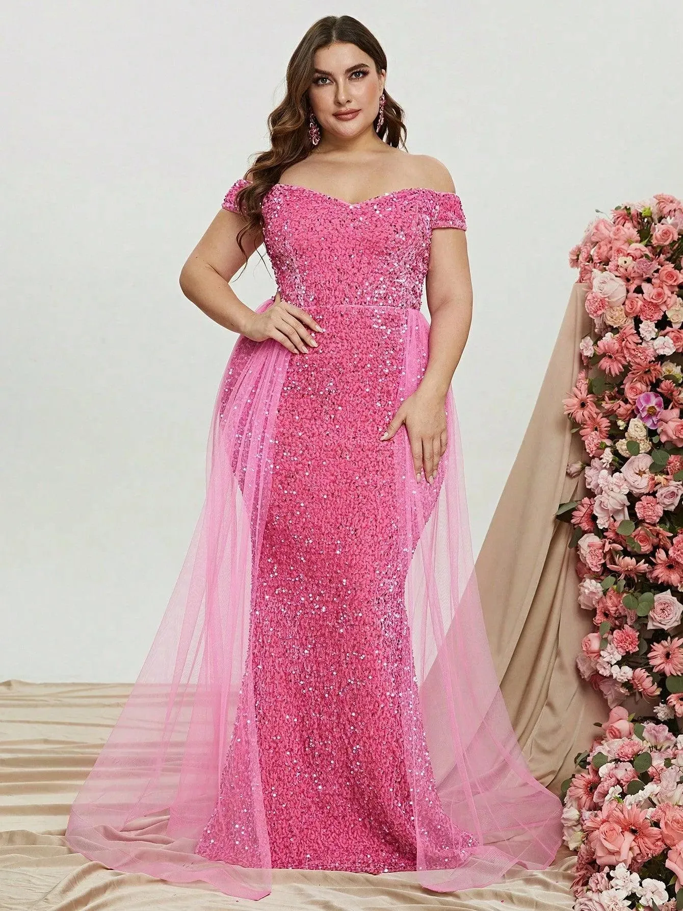 Plus Size Off Shoulder Mesh Layer on Waist Sequin Dresses