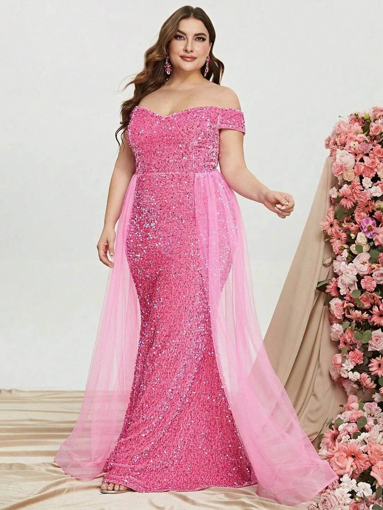 Plus Size Off Shoulder Mesh Layer on Waist Sequin Dresses