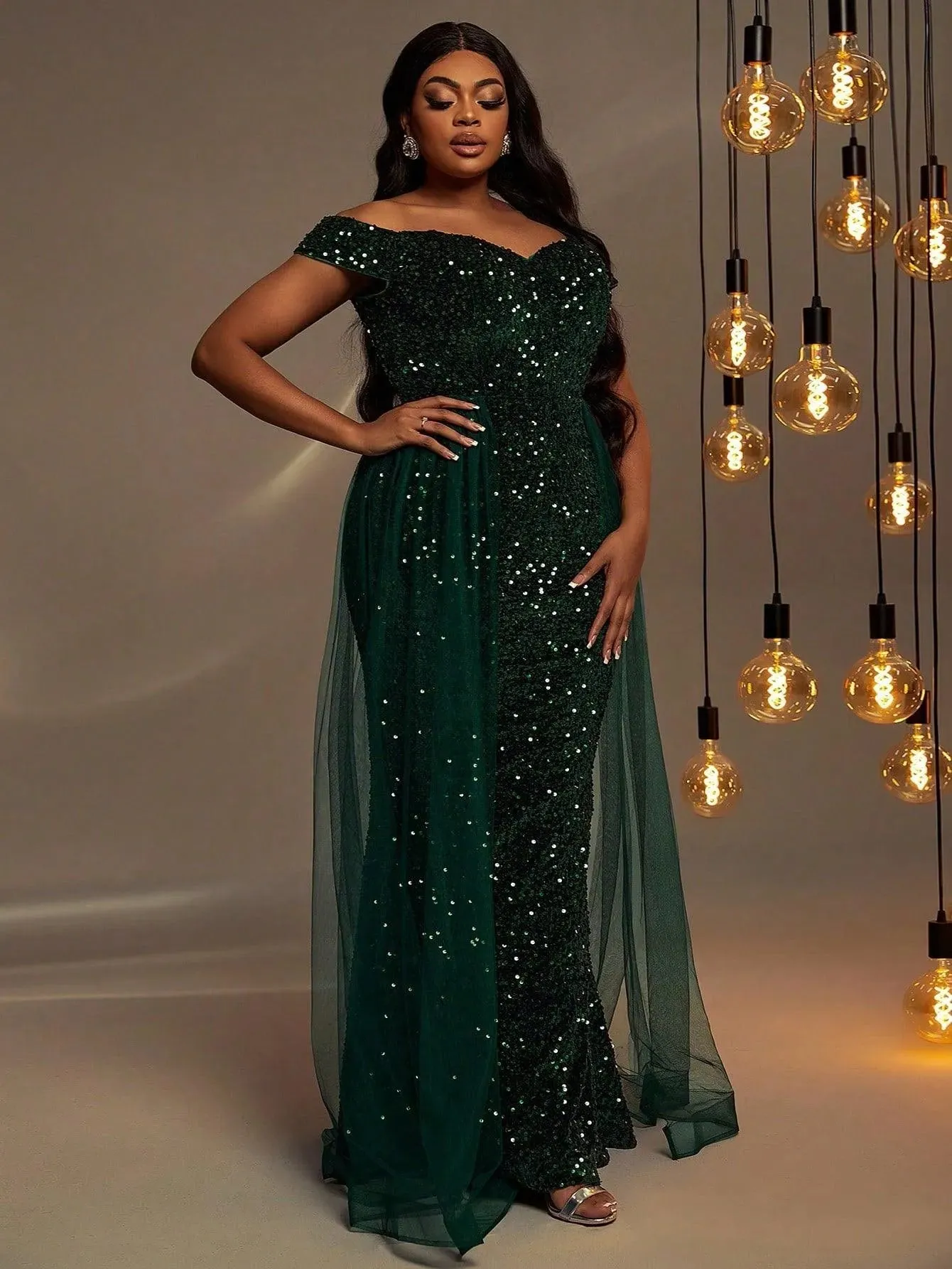 Plus Size Off Shoulder Mesh Layer on Waist Sequin Dresses