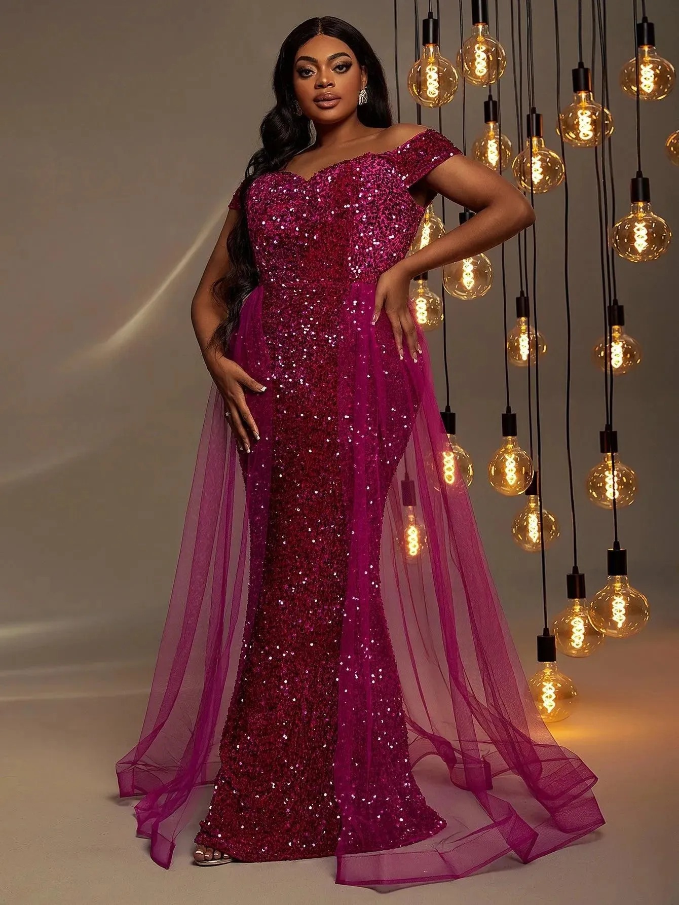 Plus Size Off Shoulder Mesh Layer on Waist Sequin Dresses