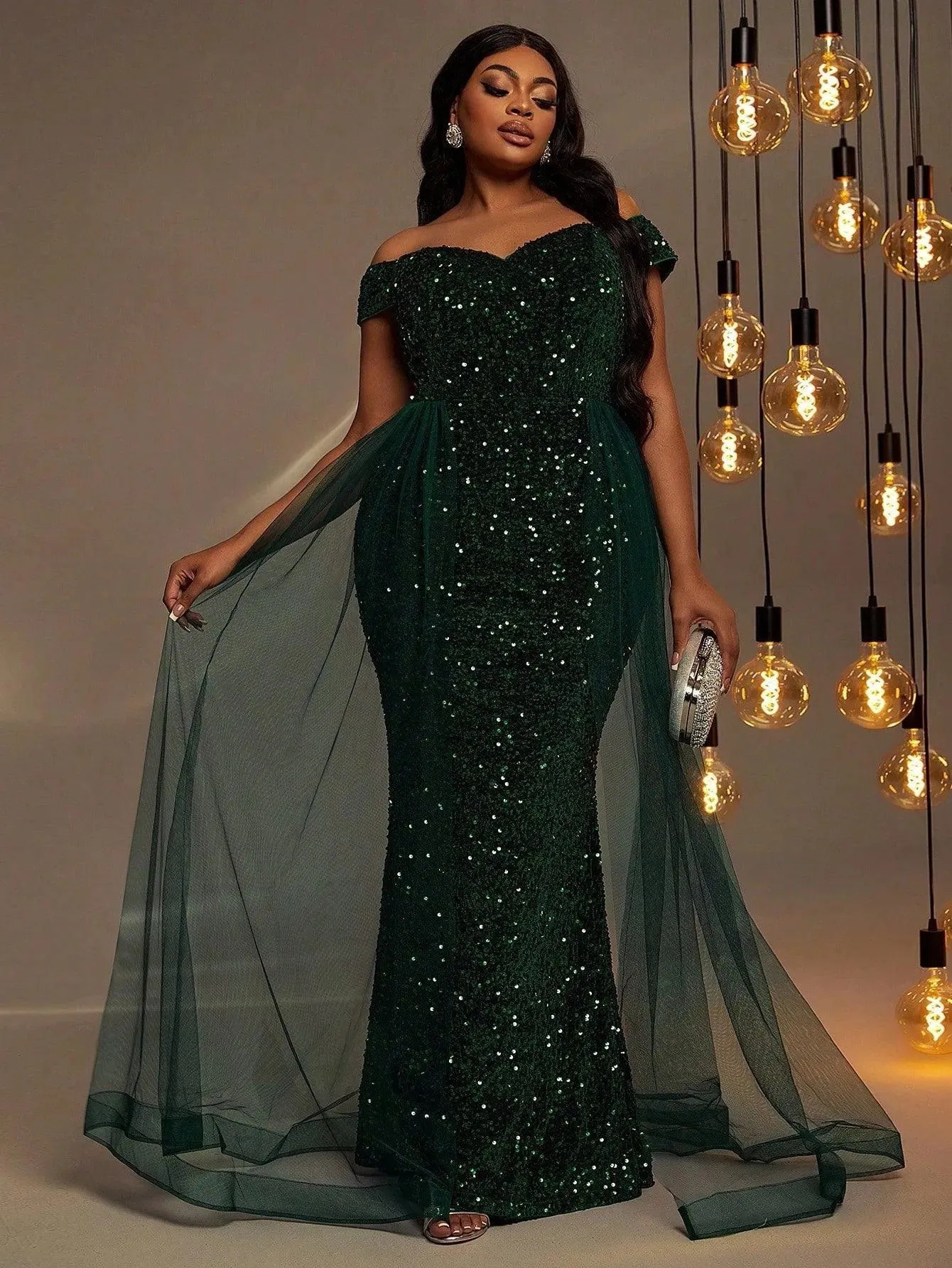 Plus Size Off Shoulder Mesh Layer on Waist Sequin Dresses
