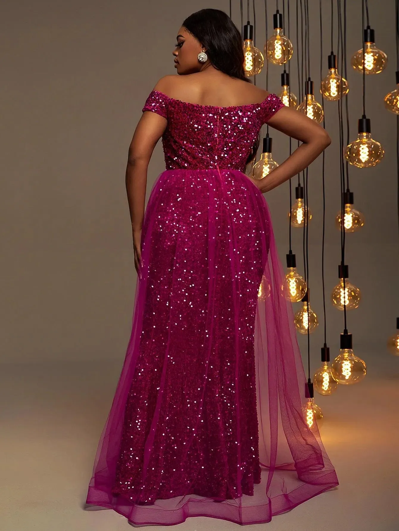 Plus Size Off Shoulder Mesh Layer on Waist Sequin Dresses