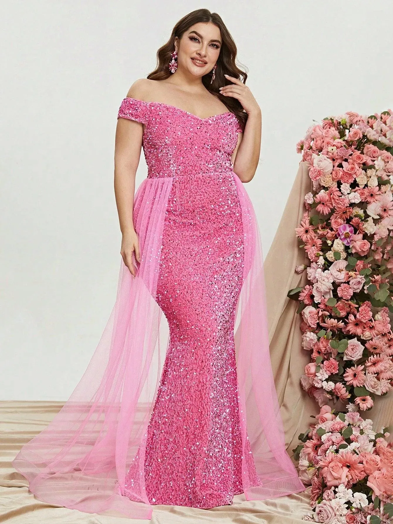 Plus Size Off Shoulder Mesh Layer on Waist Sequin Dresses