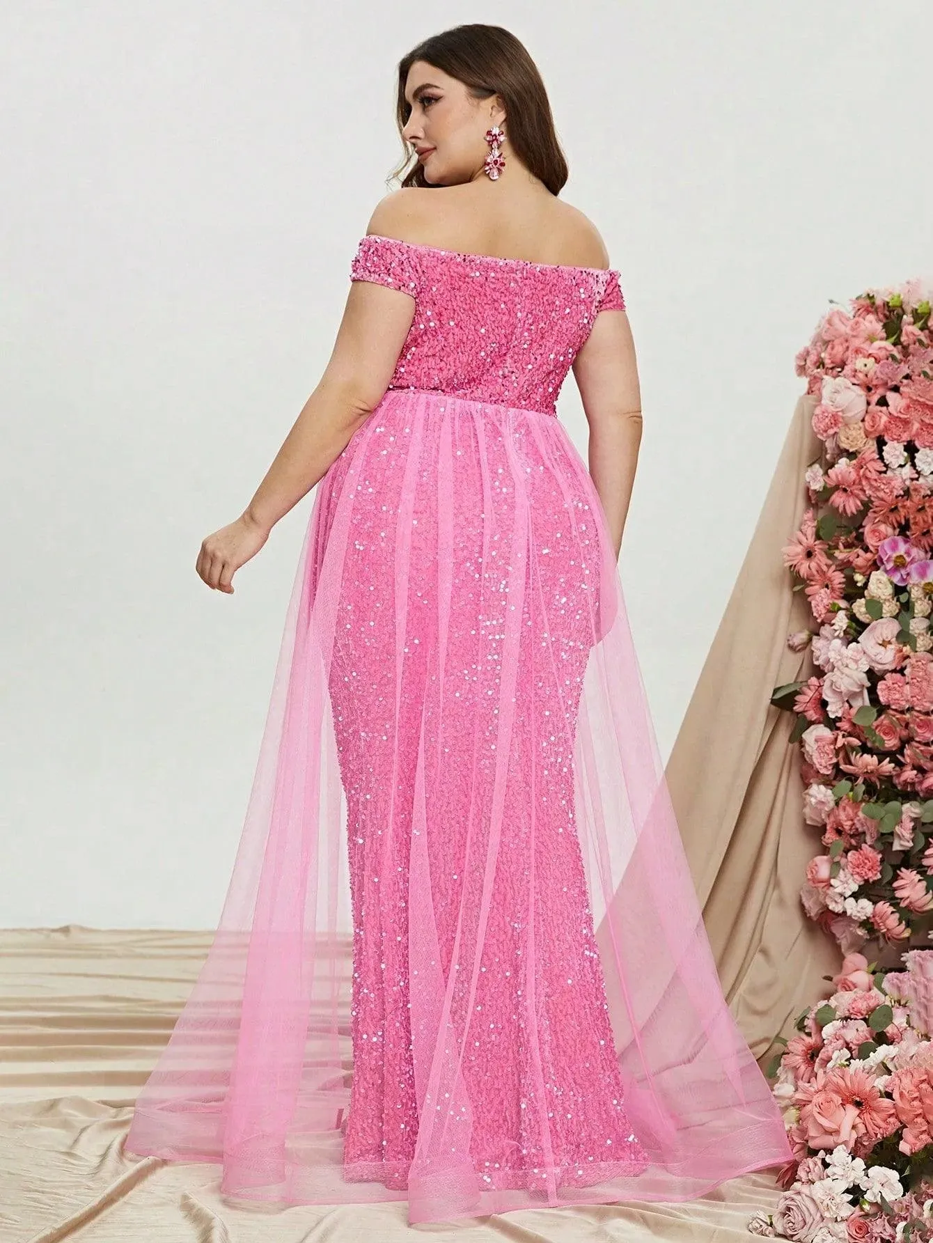 Plus Size Off Shoulder Mesh Layer on Waist Sequin Dresses