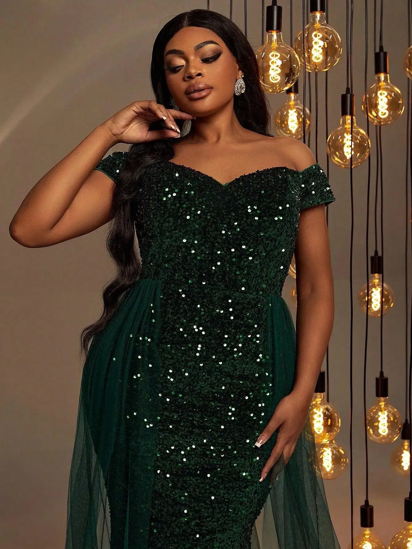 Plus Size Off Shoulder Mesh Layer on Waist Sequin Dresses