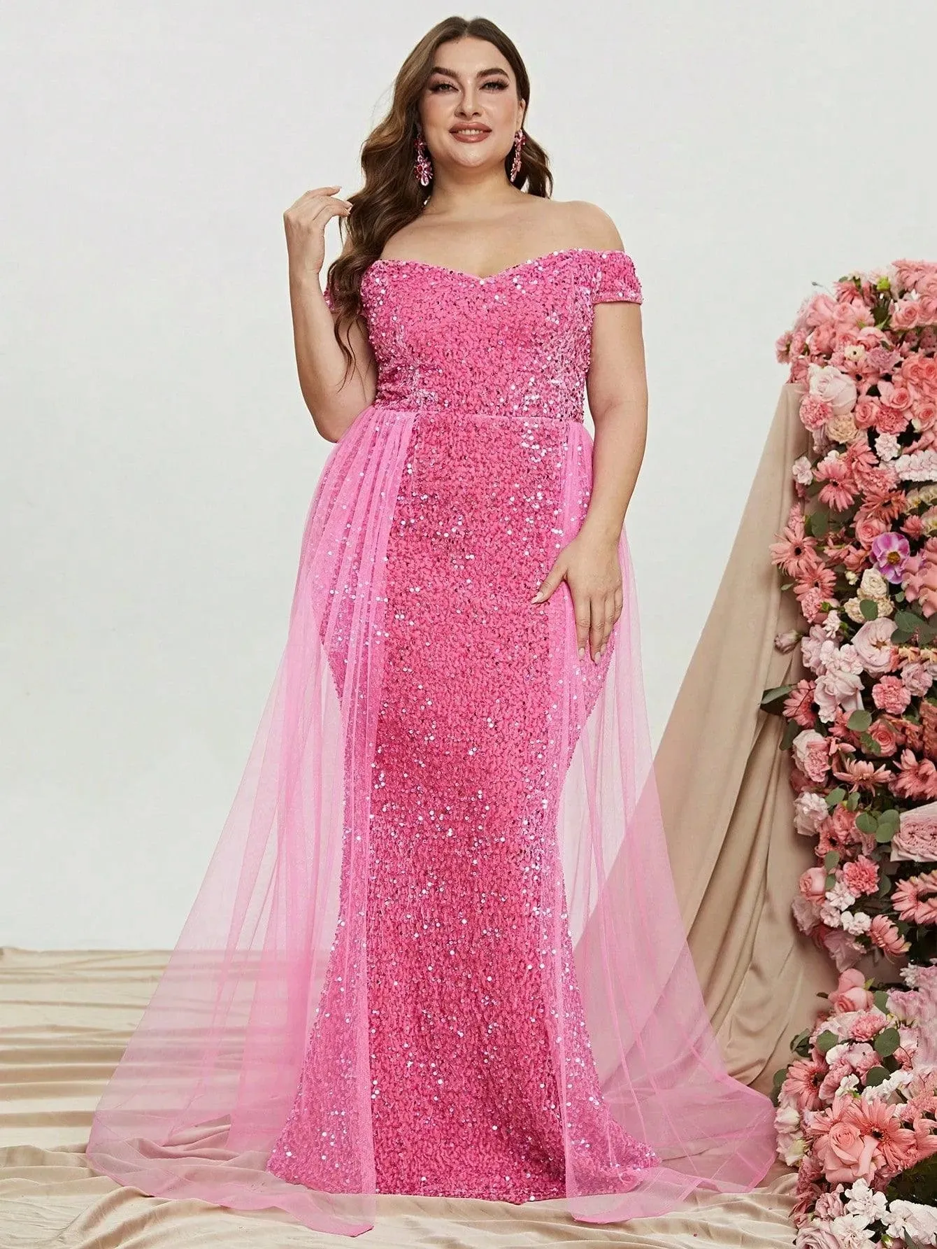 Plus Size Off Shoulder Mesh Layer on Waist Sequin Dresses