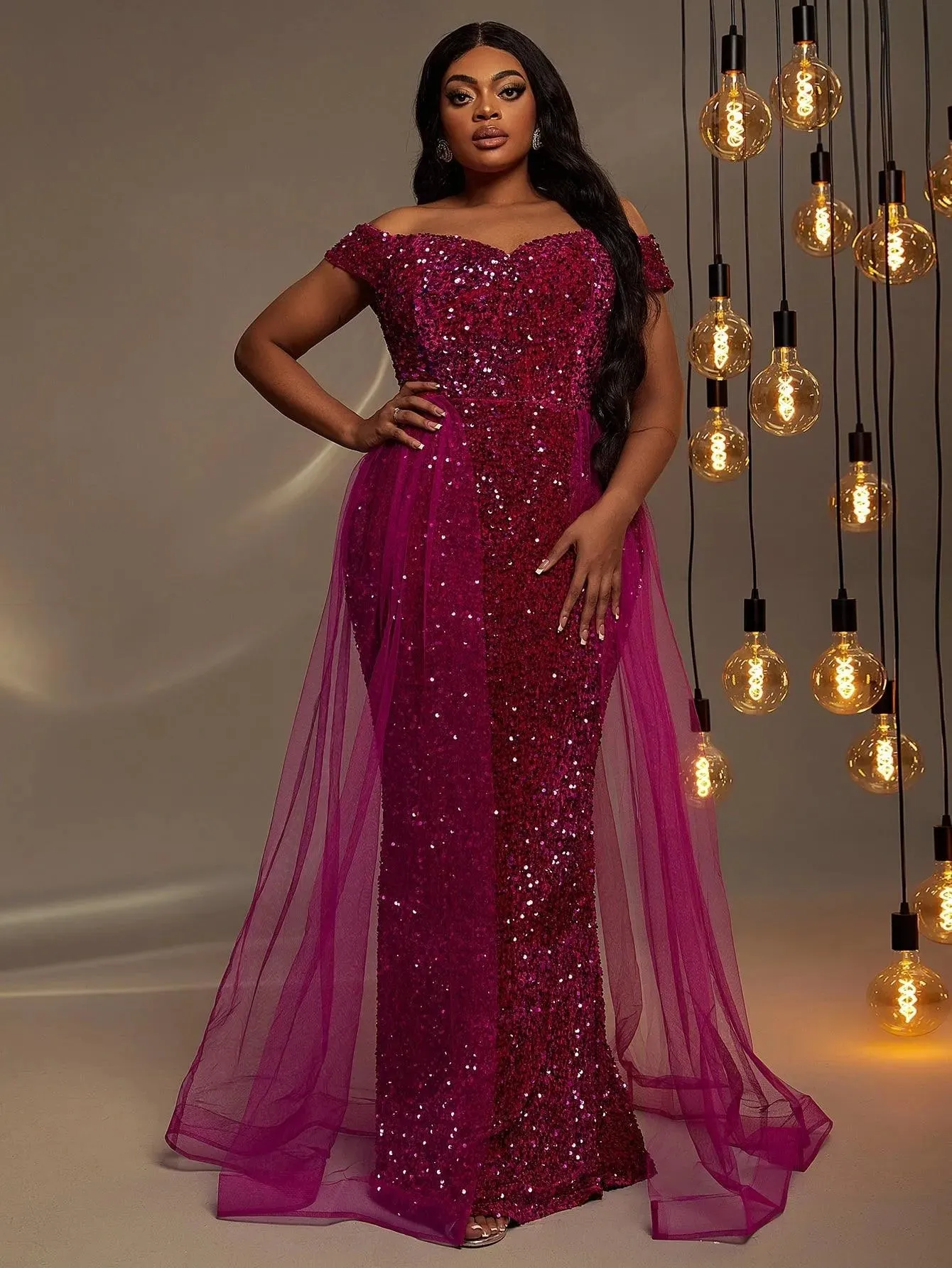 Plus Size Off Shoulder Mesh Layer on Waist Sequin Dresses