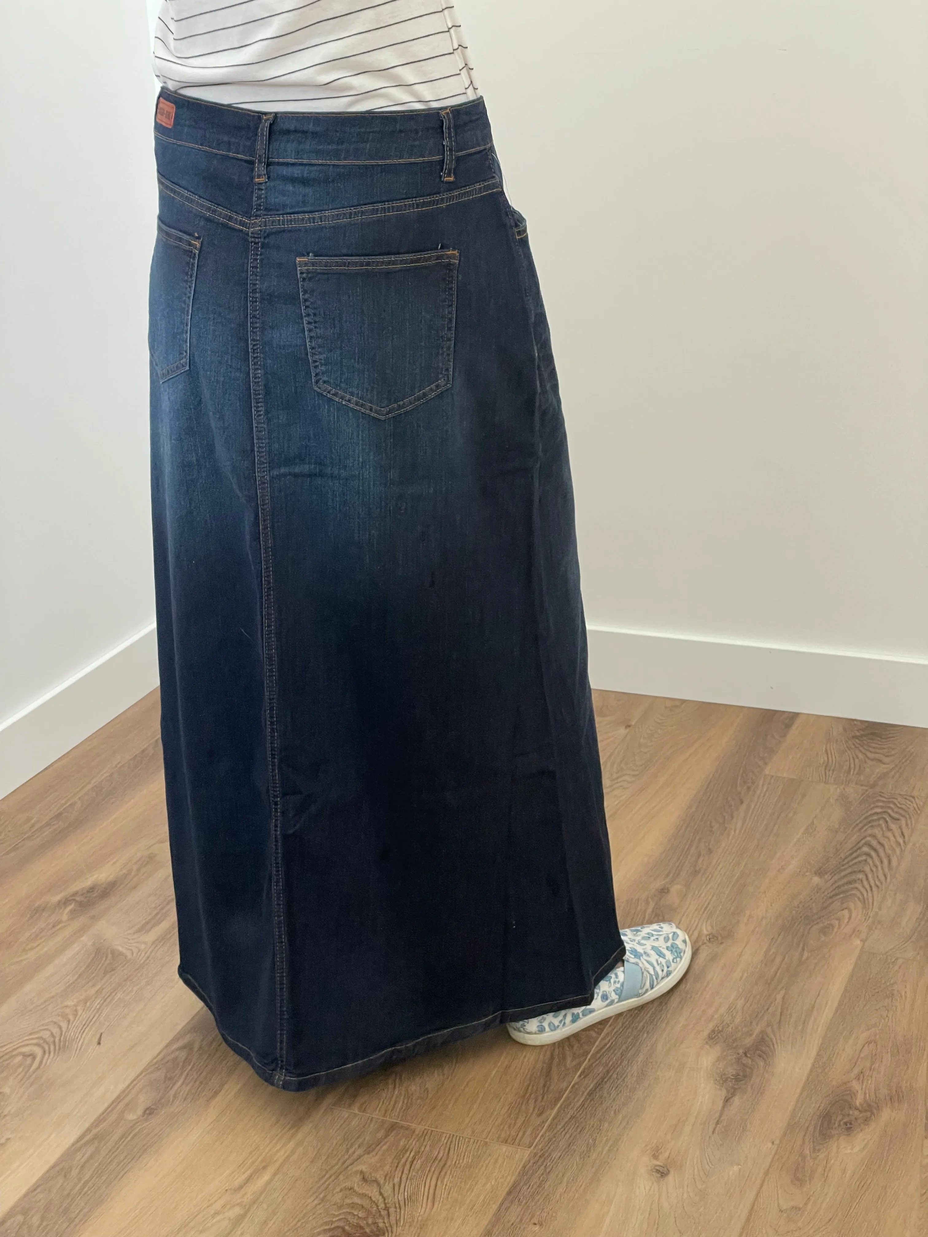"Alexa" Dark Indigo A-Line Stretch Denim Skirt