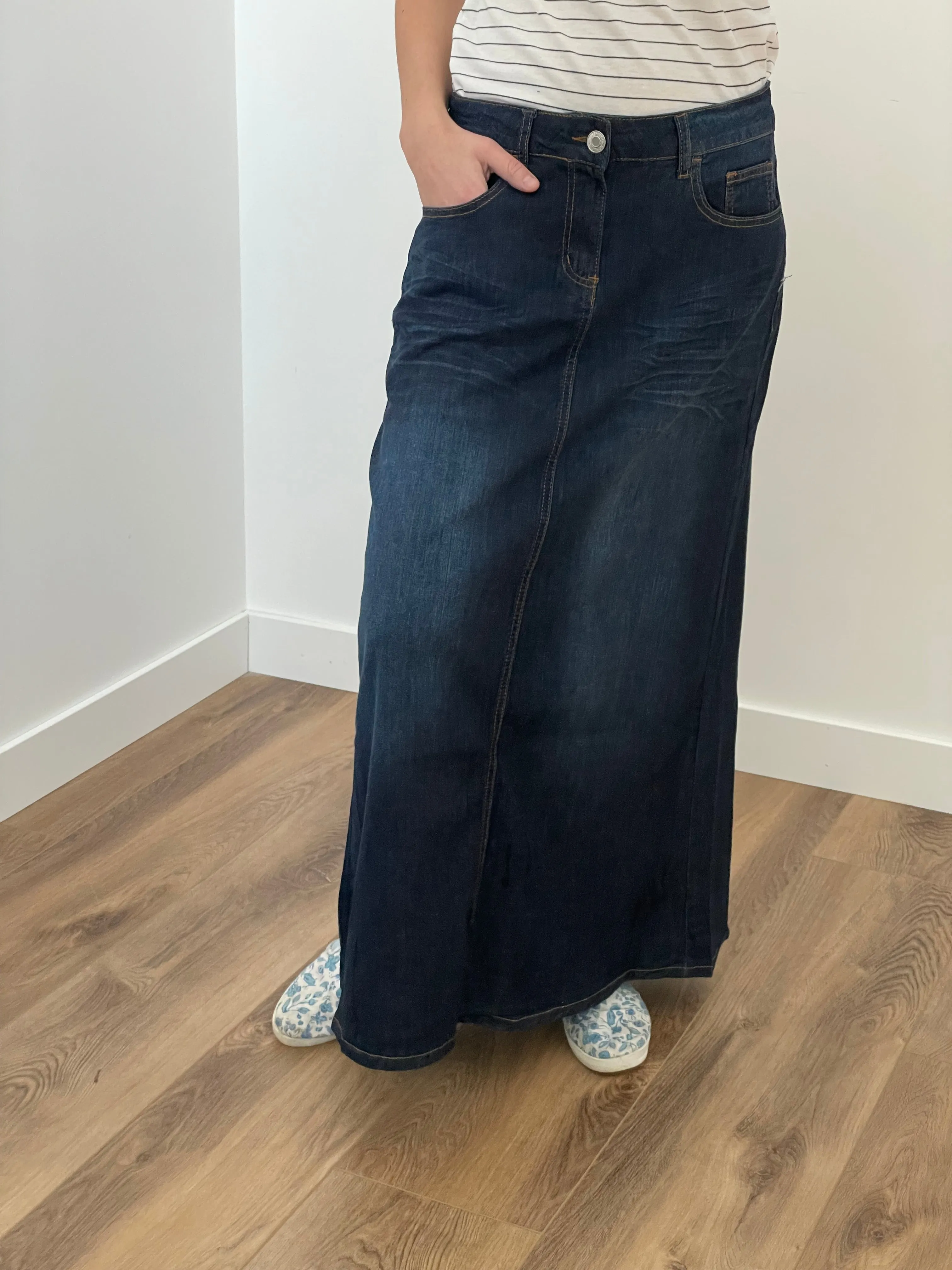 "Alexa" Dark Indigo A-Line Stretch Denim Skirt