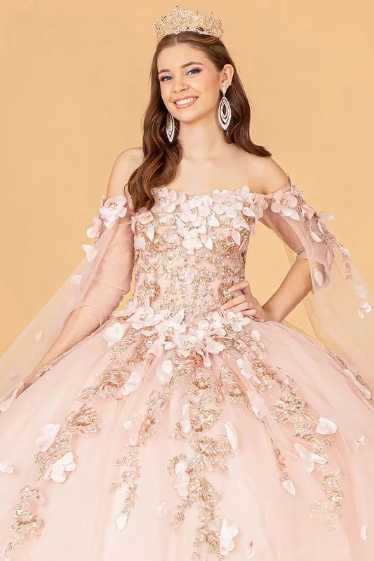 Rose Gold Cape Sleeve Off Shoulder Mesh Quinceanera Gown