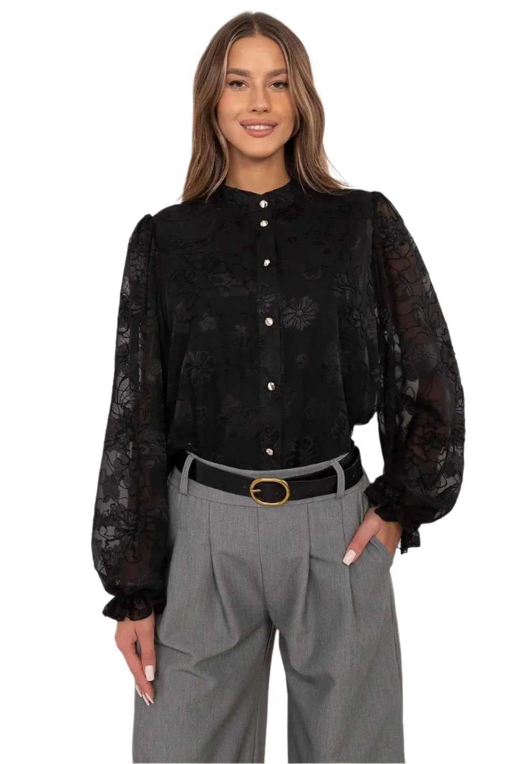 TEEK - Black Buttoned Sheer Sleeve Blouse