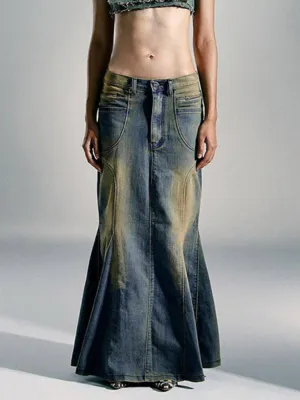 Vintage Stitched Denim A-Line Long Skirt