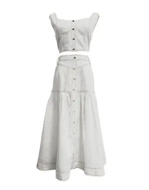 White Denim Cropped Top And Skirt Set